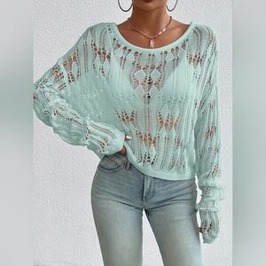 5 For $25✨Blue Crochet Cut Out Cardigan Longsleeved Sweater Top Womens Large- XL